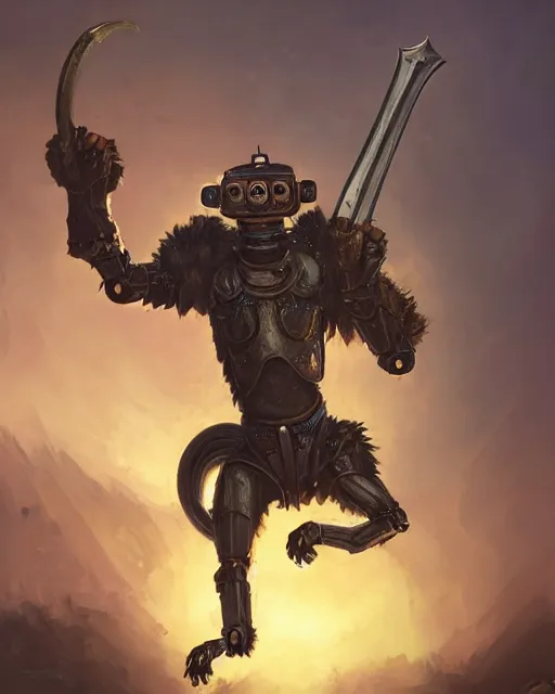 Image similar to oil painting of robot monkey, holding sword and shield, wearing armor, full body, sharp focus, fantasy style, octane render, volumetric lighting, 8k high definition, by greg rutkowski, highly detailed, trending on art Station, magic the gathering artwork, woodland backround