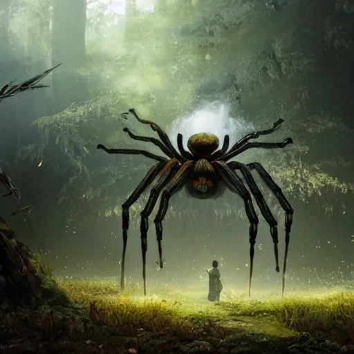 Image similar to an ugly giant spider, beautiful, realistic, 8 legs, atmosphere, vibe, forest, giant webs, ferns, bones, concept art illustration, color page, tone mapping, akihiko yoshida, james jean, andrei riabovitchev, marc simonetti, digital illustration, greg rutowski, volumetric lighting, sunbeams, particles