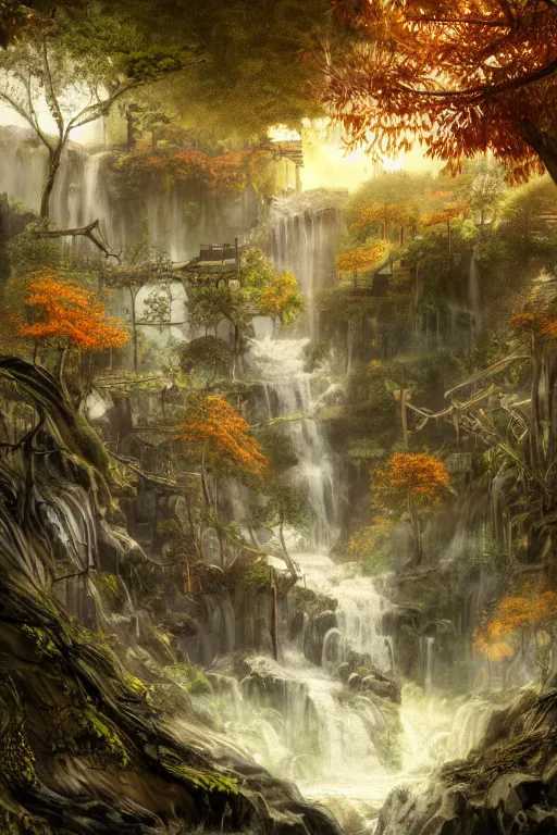 Image similar to wooden elven City with golden roofs, on top of a WATERFALL in the fall, gnarly trees, lush vegetation, forrest, a small stream runs beneath the waterfall, landscape, raphael lacoste, eddie mendoza, alex ross, john howe, concept art, matte painting, highly detailed, rule of thirds, dynamic lighting, cinematic, detailed, denoised, centerd