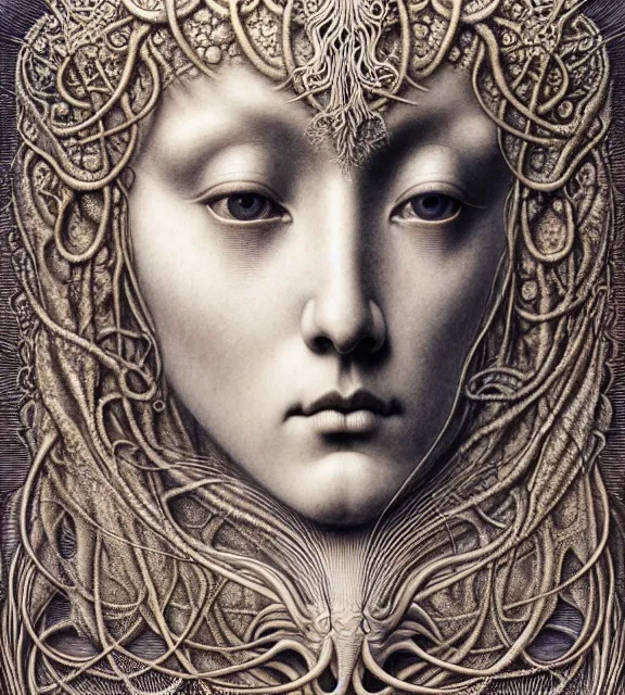 Image similar to detailed realistic beautiful moon goddess face portrait by jean delville, gustave dore, iris van herpen and marco mazzoni, art forms of nature by ernst haeckel, art nouveau, symbolist, visionary, gothic, neo - gothic, pre - raphaelite, fractal lace, intricate alien botanicals, ai biodiversity, surreality, hyperdetailed ultrasharp octane render