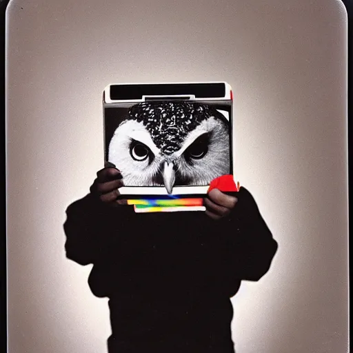 Prompt: surrealistic, anthropomorphic owl in a hoodie, holding polaroid camera, 8 0 s, polaroid photo, by warhol,