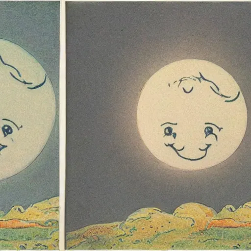 Image similar to dan morris celestial smiling talking moon portrait, side view, surrounded by clouds, illustrated by peggy fortnum and beatrix potter and sir john tenniel