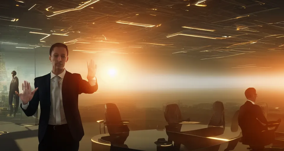 Image similar to Dramatic photo of a CEO waving to silhouettes of his coworkers in a futuristic office. Golden coins are levitating all around them. 8k, high detail, trending on Artstation, volumetric lighting, cyberpunk