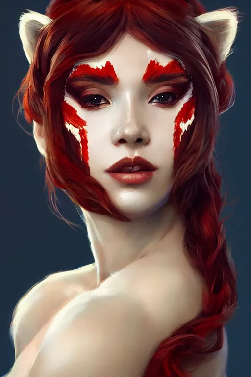 Image similar to a detailed image of a beautiful woman with red panda features, in professional makeup, dramatic lighting, by artgerm, ross tran, greg rutkowski, 4 k, trending on artstation