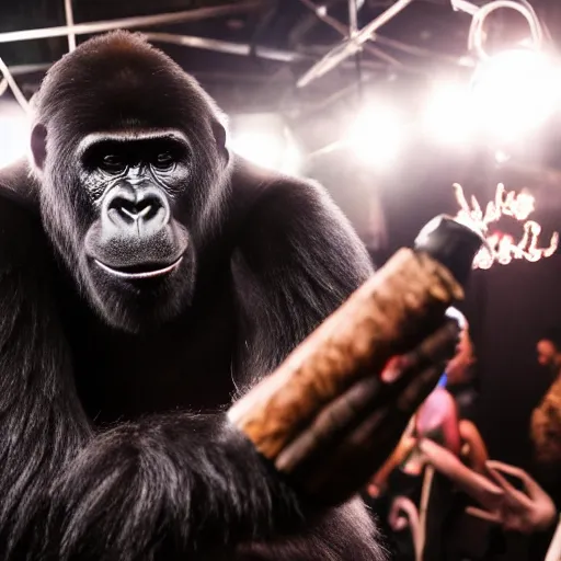 Prompt: gorilla dj dance party in a club listening to bustah rhymes holding a cigar, high quality, high definition, photo realistic, dance lights