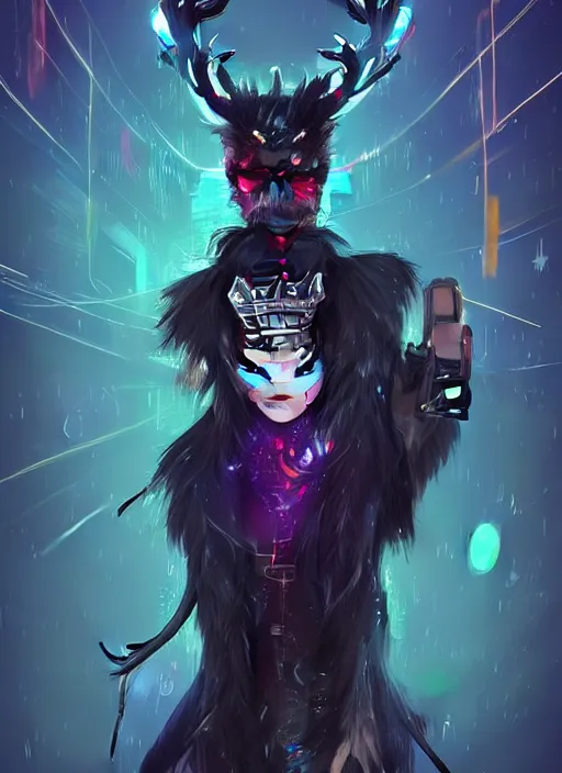 Image similar to award winning beautiful portrait commission of a male furry anthro Black Reindeer cyberpunk fursona with a tail, wings, wings, wings and a cute beautiful attractive detailed furry face wearing a crown, stylish black and rainbow galaxy clothes, outline, in a cyberpunk city at night while it rains. Character design by charlie bowater, ross tran, artgerm, and makoto shinkai, detailed, inked, western comic book art