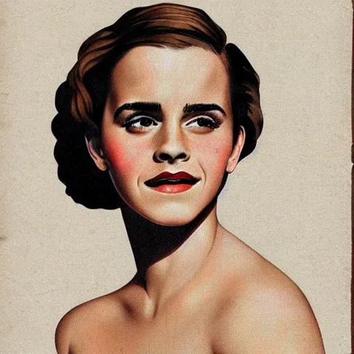 Image similar to “Emma Watson portrait, color vintage magazine illustration 1950”