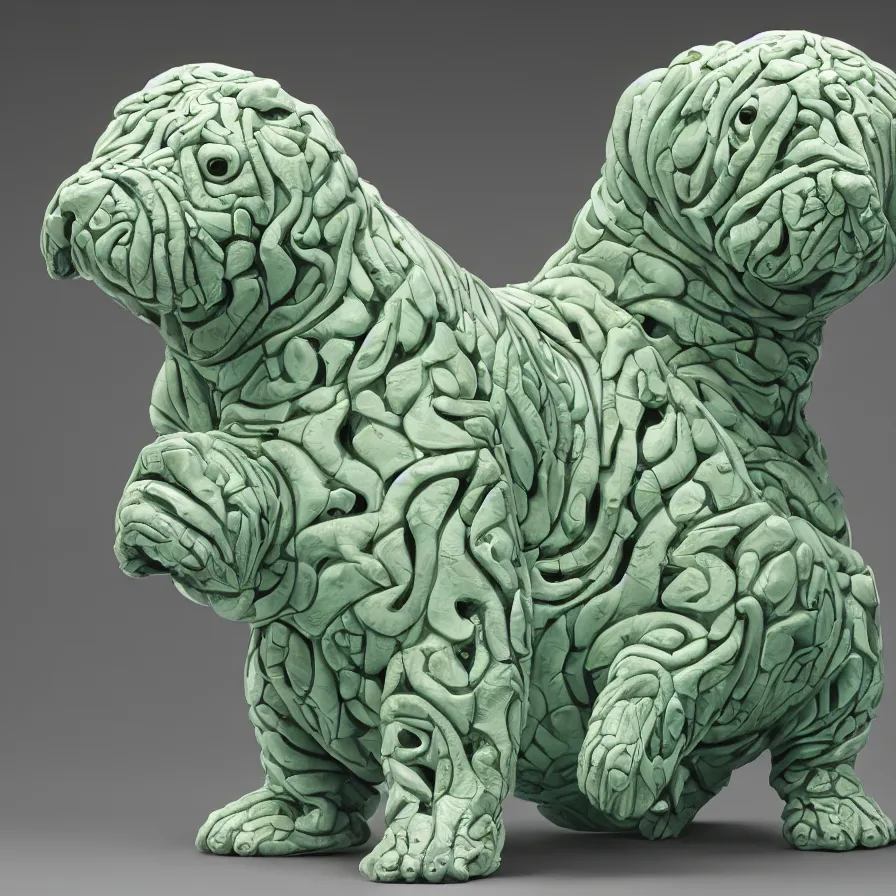 Image similar to beautiful gallery show studio photograph of a giant realistic biomechanical ceramic sculpture of a shar pei dog, fractal 3 d structure, celadon glaze, placed on a polished wooden table, colorful hyperrealism 8 k trending on artstation