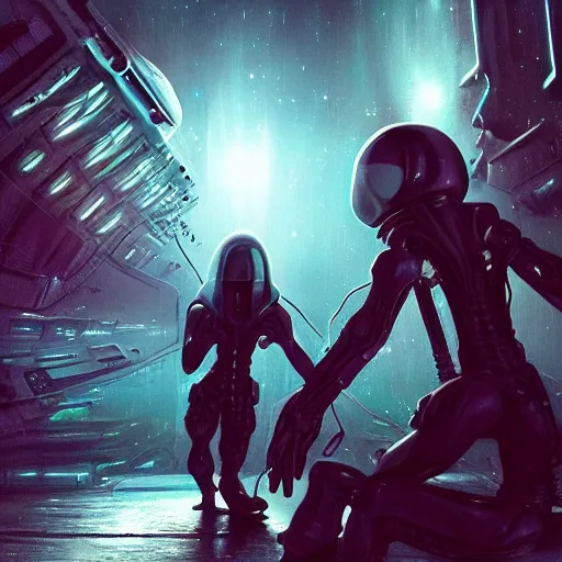 Prompt: two aliens in space [ dancing romantically ]!!, trending on cgsociety, photorealistic, sharp, intricate, detailed, contest winner, award winning!!, sci - fi art style, cyberpunk atmosphere, bioluminescent atmosphere