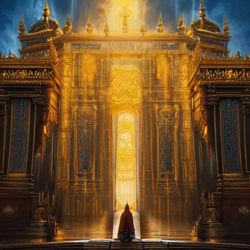 Image similar to a man staring a holy city in front of this golden gates, epic setting, symmetric face, hyperrealism, epic fantasy digital art, fantasy style art, by Greg Rutkowski, fantasy magic the gathering card art style