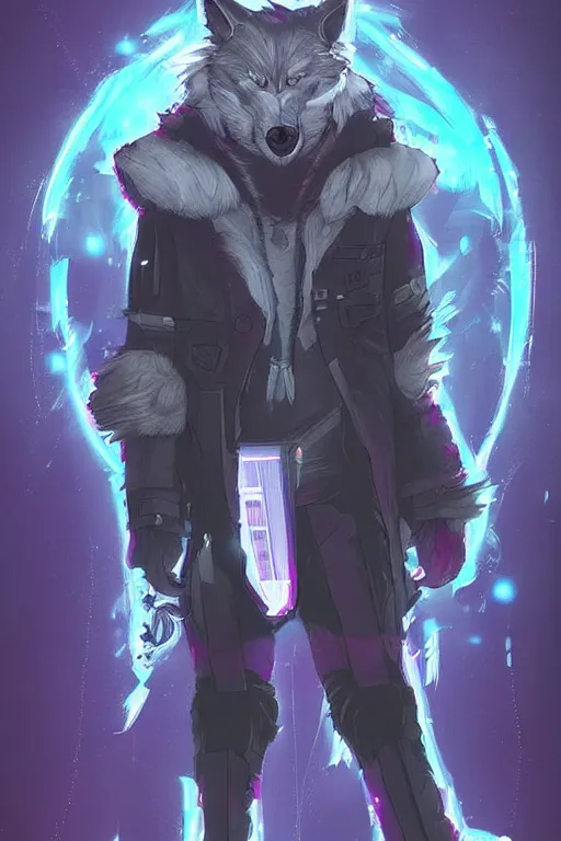 Image similar to a cyberpunk anthropomorphic wolf with a fluffy tail, comic art, trending on furaffinity, cartoon, kawaii, backlighting, furry art!!!, neon, concept art