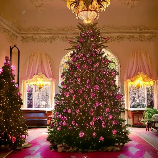 Prompt: pink palace at Christmas trees, Victorian mansion, thousands of pink roses, landscape, cinematic lighting, norman rockwell, snow coming through windows