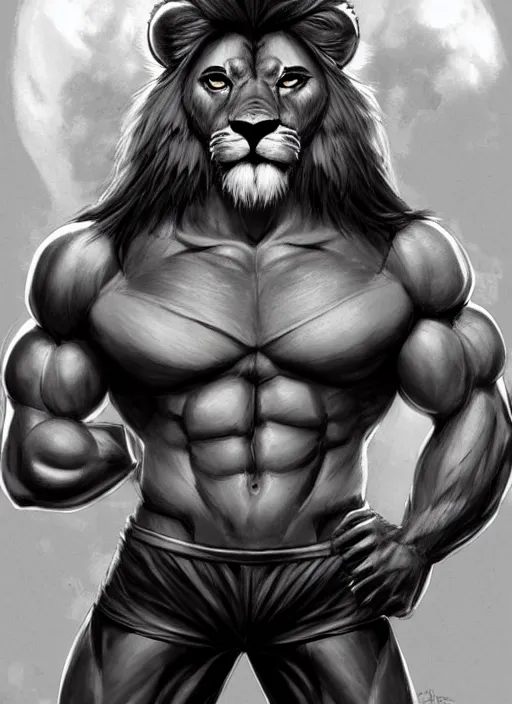 Prompt: award winning beautiful portrait commission art of a muscular male furry anthro lion fursona with a cute beautiful attractive detailed furry face wearing gym shorts and a tanktop. Character design by charlie bowater, ross tran, artgerm, and makoto shinkai, detailed, inked, western comic book art