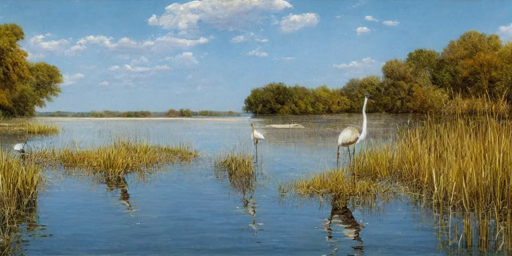 Prompt: a beautiful lake landscape in summer, reed on riverbank, stork in water, no mountains, clear sky, colorful, by Ernest deutsch + Ted Nasmith, cinematic lighting, masterpiece, highly detailed, 8k resolution, trending on art station