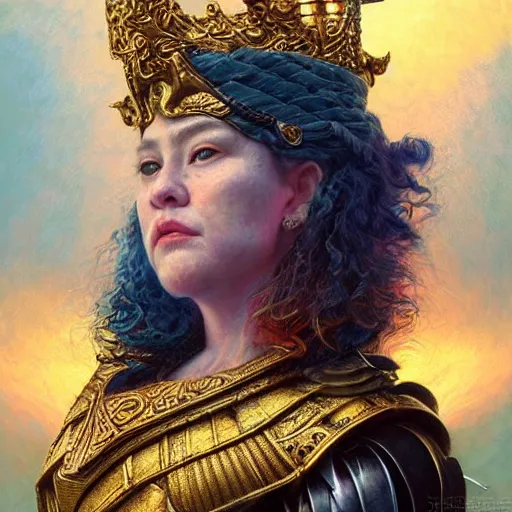 Image similar to realistic portrait of dwarf queen in armor, atmospheric lighting, painted, intricate, volumetric lighting, beautiful, washed deep colors masterpiece, golden hour, sharp focus, ultra detailed, by Chie Yoshii, Kai Carpenter, Ignacio Fernández Ríos