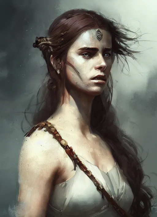 Image similar to A portrait of a warrior princess in the style of Charles Sillem Lidderdale, in the style of Greg Rutkowski, artstation, high quality art