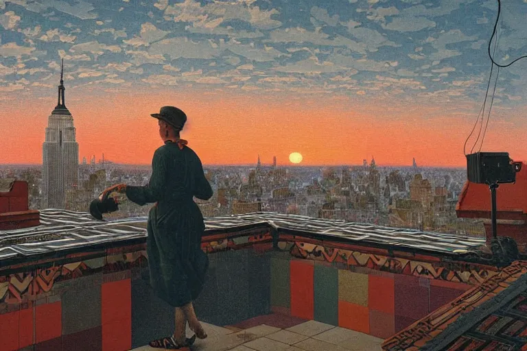 Prompt: painting of a diskjockey in a rooftop, watching new york, beautiful, sunset, romantic, by ludwig deutsch and maxfield parrish, patterned tilework, extremely detailed, cinematic lighting, smooth sharp focus