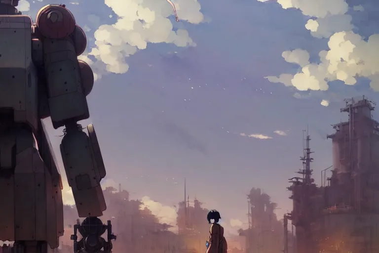 Image similar to dieselpunk, giant robot, painted by greg rutkowski makoto shinkai takashi takeuchi studio ghibli, akihiko yoshida