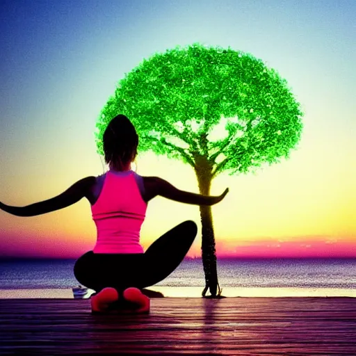 Prompt: a beautiful woman sitting on top of a neon tree doing yoga and smiling. she has long long hair that is flowing into the ocean nearby. the view is bright and happy and colorful. realistic photo and a yoga sign