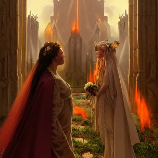 Image similar to an beautiful and detailed matte painting of a lesbian wedding between evil pyromancer and a vampire red mage, unholy union, white church background, god rays, sharp focus, highly detailed, cinematic lighting, studio quality, colorful, smooth render, vector illustration, award winning, by artgerm, greg rutkowski, alphonse mucha