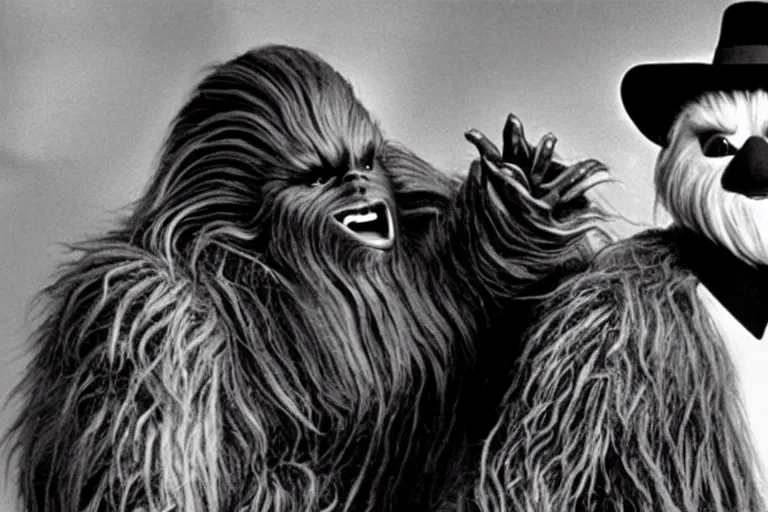 Image similar to A still from the black and white movie where Chewbacca starred alongside Charlie Chaplain