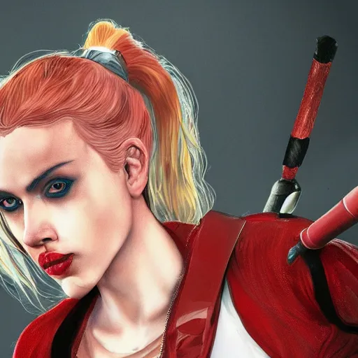 Image similar to Scarlett Johansson as Harley Quinn, holding bat, digital, artstation, cgsociety, 4k, high detail