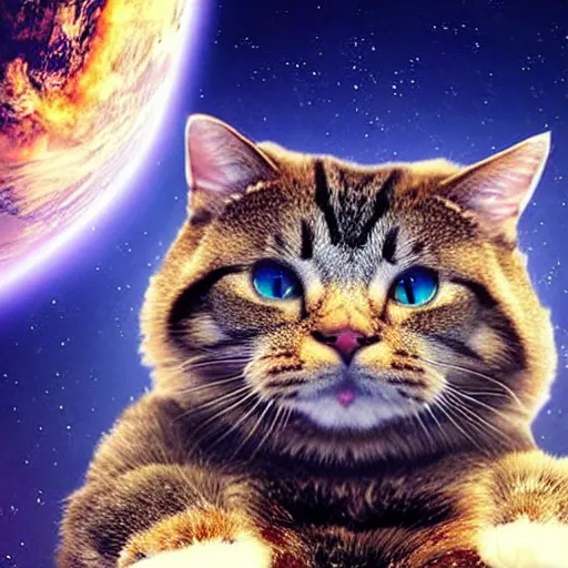 Image similar to giant cat in space about to eat the earth