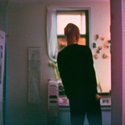 Prompt: kodak portra 4 0 0 photograph of a skinny blonde guy standing in cluttered 9 0 s bedroom, back view, moody lighting, telephoto, 9 0 s vibe, retro, blurry background, vaporwave colors, faded!,