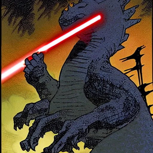 Prompt: godzilla in flowing jedi robes with a lightsaber by frank miller