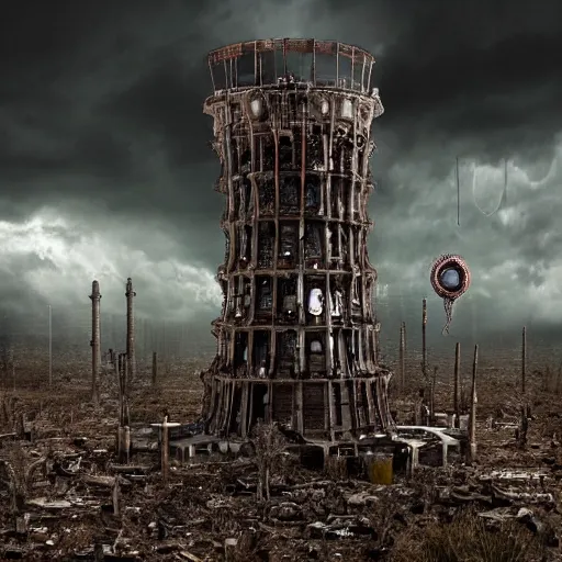 Image similar to giant evil bio-organic fleshy complex machine tower with tendrils and one eyeball at the top looking over a stormy post-apocalyptic wasteland, dystopian art