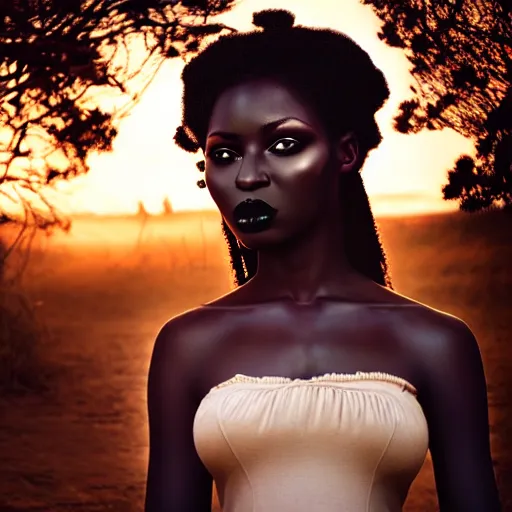 Image similar to photographic portrait of a stunningly beautiful gothic west african female in soft dreamy light at sunset, contemporary fashion shoot, by edward robert hughes, annie leibovitz and steve mccurry, david lazar, jimmy nelsson, breathtaking, 8 k resolution, extremely detailed, beautiful, establishing shot, artistic, hyperrealistic, beautiful face, octane render