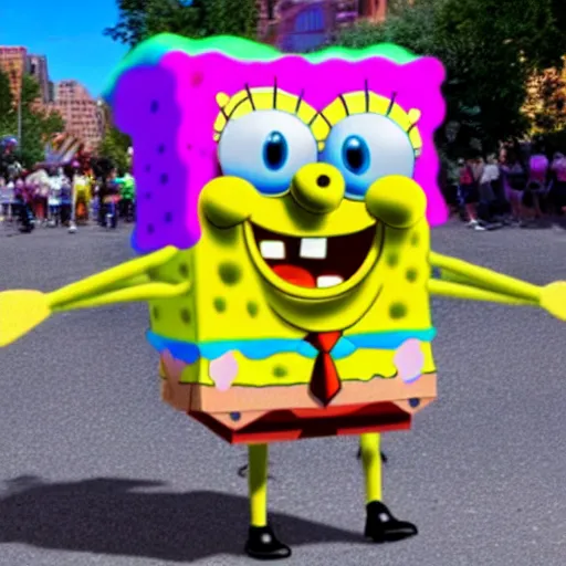 Image similar to spongebob in a pride parade caught on iPhone camera