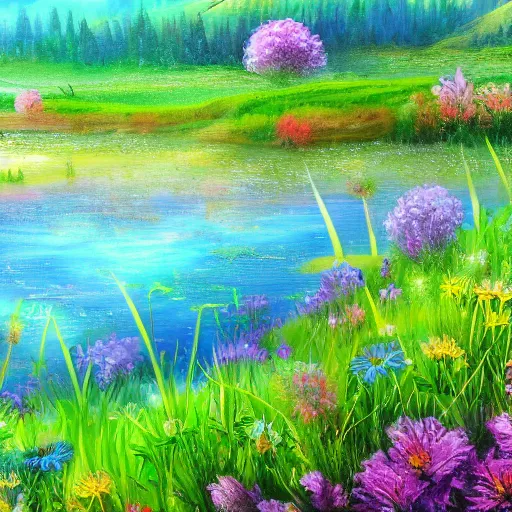 Image similar to meadow with colorful flowers and lake detailed airbrushed magical realism landscape painting 4 k