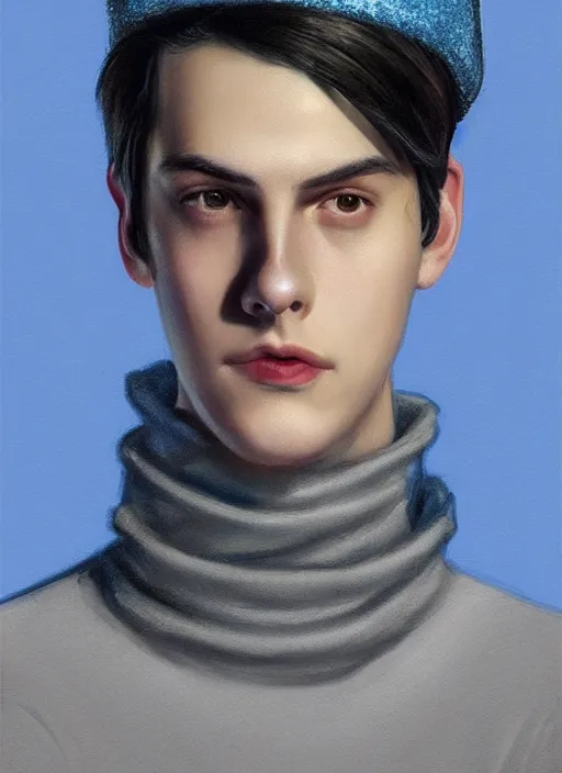 Image similar to portrait of teenage jughead jones wearing a light grey crown, crown, blue turtleneck, 1 9 5 0 s, closed eyes, photorealistic, black hair, glowing lighting, intricate, elegant, glowing lights, highly detailed, digital painting, artstation, concept art, smooth, sharp focus, illustration, art by wlop, mars ravelo and greg rutkowski