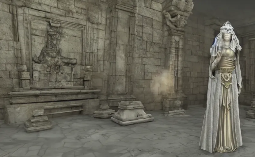 Prompt: A white priestess is conjuring a spell inside the ancient and mythical temple. Bronze statue, unreal engine