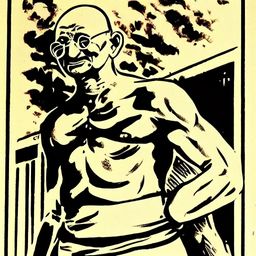 Image similar to Gandhi in an action pose in the style of jack kirby, comic book art, Jack kirby art,