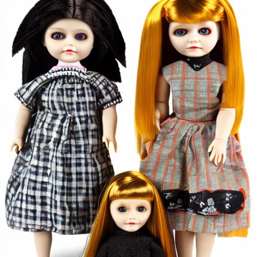 Prompt: new doll line based on the brothers grim storys, photography, advertising, promotional, in box, high quality dolls.