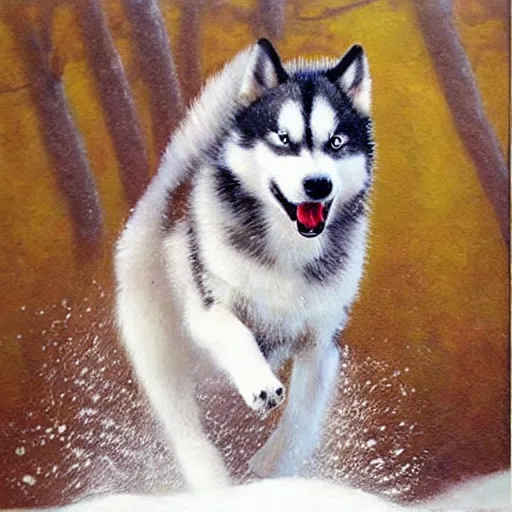 Image similar to huskey dog running in white snow, oil painting, detailed, natural light, extra crisp, realistic