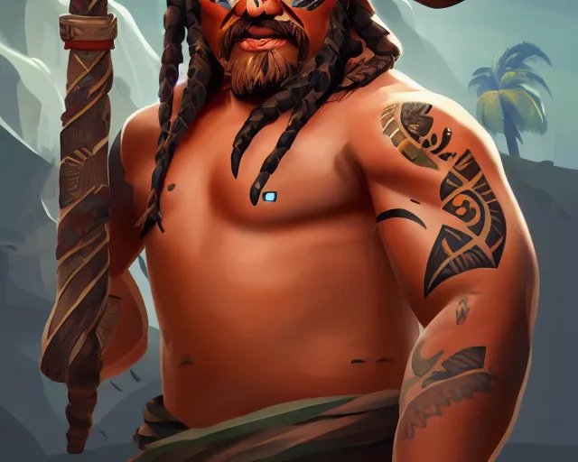 Image similar to sea of thieves character portrait concept art for a muscular tribal native man with polynesian tattoos on his face and a nose ring, cgsociety, trending on artstation, rare ltd,