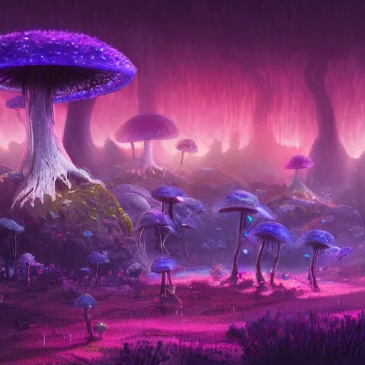 Image similar to concept art painting of a fantasy alien fungal landscape at night, magenta trees, glowing blue mushrooms, village of houses made of mushrooms, dark purple sky, realistic, detailed, cel shaded, in the style of makoto shinkai and greg rutkowski and albert bierstadt and james gurney