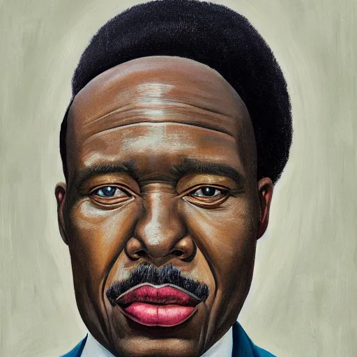 Prompt: a painting of a wide forehead, round face, XXL , smirky, fatherly, loving, caring, generous, ever-present, humble, wise elder from Kenya in a suit by Kehinde Wiley . Fatherly/daddy, focused, loving, leader, relaxed,. ethereal lights, details, smooth, sharp focus, illustration, realistic, cinematic, artstation, award winning, rgb , unreal engine, octane render, cinematic light, macro, depth of field, blur, red light and clouds from the back, highly detailed epic cinematic concept art CG render made in Maya, Blender and Photoshop, octane render, excellent composition, dynamic dramatic cinematic lighting, aesthetic, very inspirational, arthouse.
