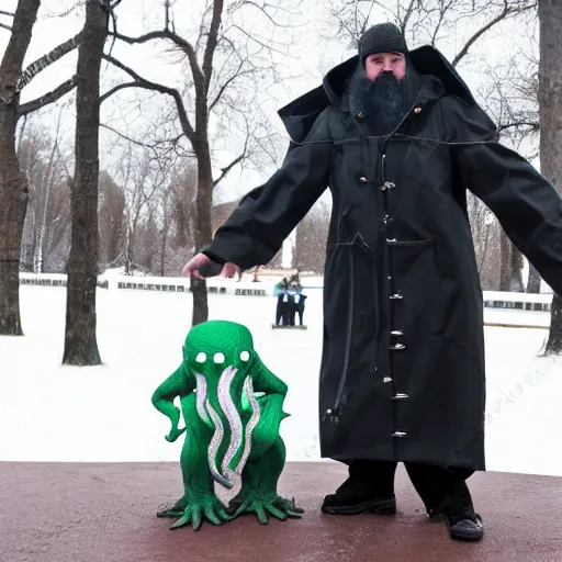 Prompt: cthulhu in duffle coat in a park, at winter