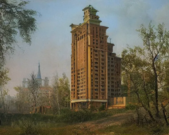 Image similar to beautiful matte painting of cute soviet block of flats hrushevka in end of forest by ivan shishkin,