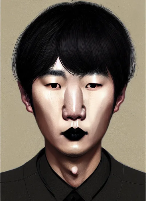 Image similar to portrait of a korean man with a crooked nose and a confident expression, 1 9 6 0 s, black clothes, goth, punk, brightly coloured hair, funk, intricate, elegant, highly detailed, digital painting, artstation, concept art, smooth, sharp focus, illustration, art by wlop, mars ravelo and greg rutkowski