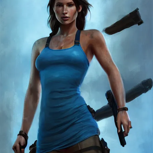 Image similar to Portrait Lara Croft wearing a blue skater dress, Tomb Raider, Alicia Vikander, beautiful, 4k oil on linen by wlop, artgerm, andrei riabovitchev, nuri iyem, james gurney, james jean, greg rutkowski, highly detailed, soft lighting 8k resolution