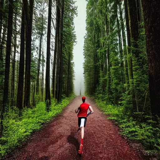 Image similar to athletic guy runs through a forest with tall trees, a photo from the back, perspective, pixel art,