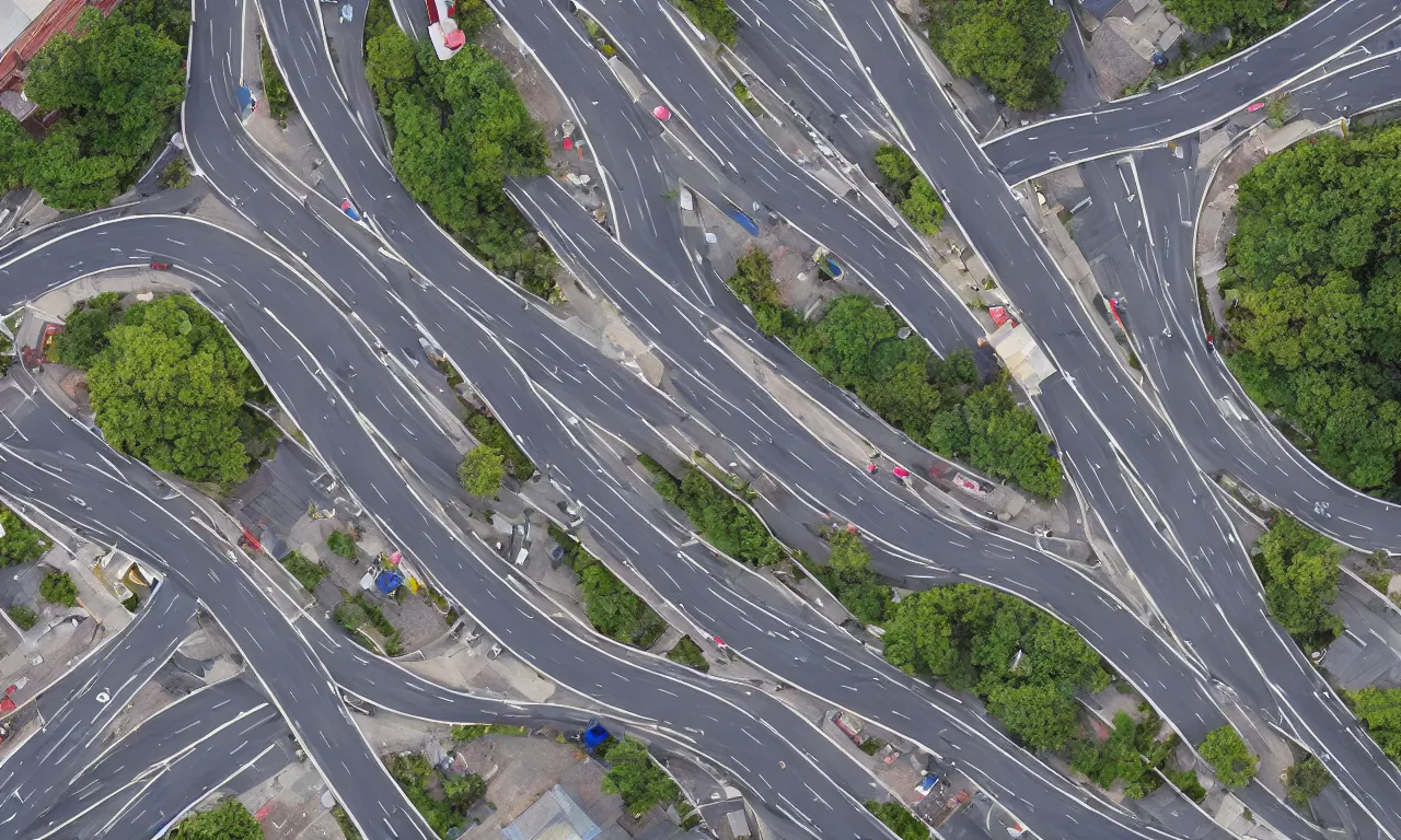 Prompt: Aerial view of road intersection in the city