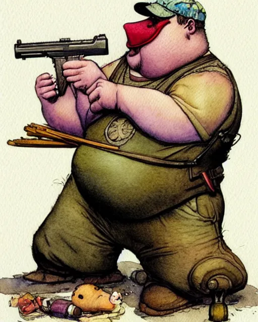 Image similar to a realistic and atmospheric watercolour fantasy character concept art portrait of a fat adorable dirty chibi duck wearing a wife beater and firing a handgun, by rebecca guay, michael kaluta, charles vess and jean moebius giraud