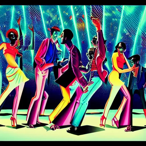 Image similar to young people in a fancy nightclub dancing and drinking, partylights, great colors, in the style of ernie barnes, trending on artstation