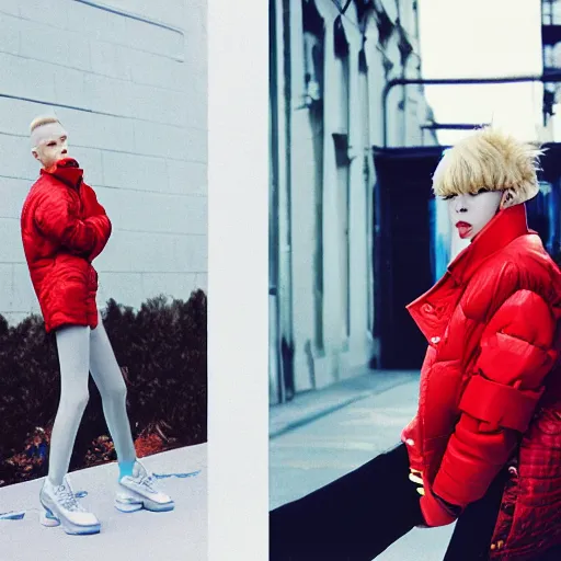 Image similar to realistic photoshooting for a new balenciaga lookbook, color film photography, portrait of a blonde asian woman, model wearing a puffer jacket, photo in style of tyler mitchell, 3 5 mm,